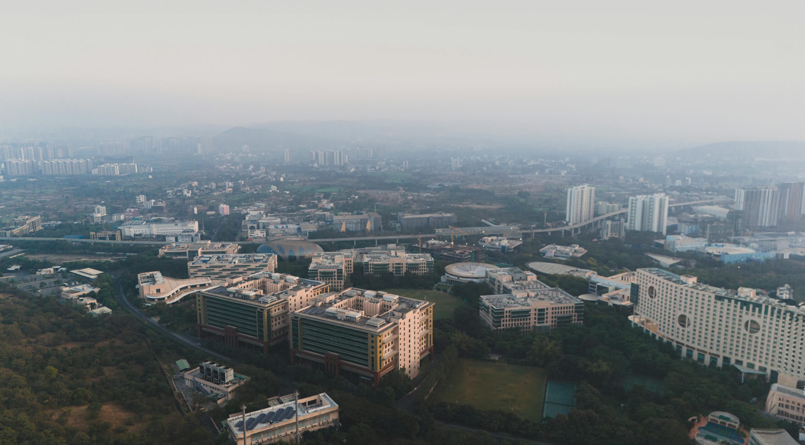 Aerial view of urban buildings in Pimpri-Chinchwad, Maharashtra, India at daytime.